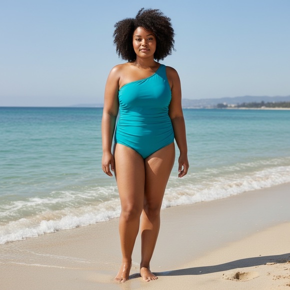 Time and Tru Teal One Shoulder Swim One Piece - Picture 1 of 7